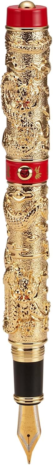 Golden Jinhao Vintage Luxury Dragon Fountain Pen Playing Pearl, Medium Nib 0.7mm Red Ring Metal Carving Embossed Heavy Pen