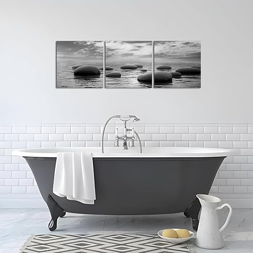 Miniatura 2 de 3 paneles de arte de pared zen de piedra de mar en blanco y negro, pintura de paisaje marino, para el hogar, oficina, dormitorio, baño, decoración