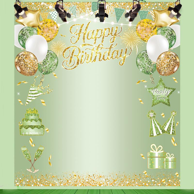 Large Green Happy Birthday Backdrop Glitter Green Gold Balloons Birthday Anniversary Photography Background for Indoor Outdoor Birthday Party
