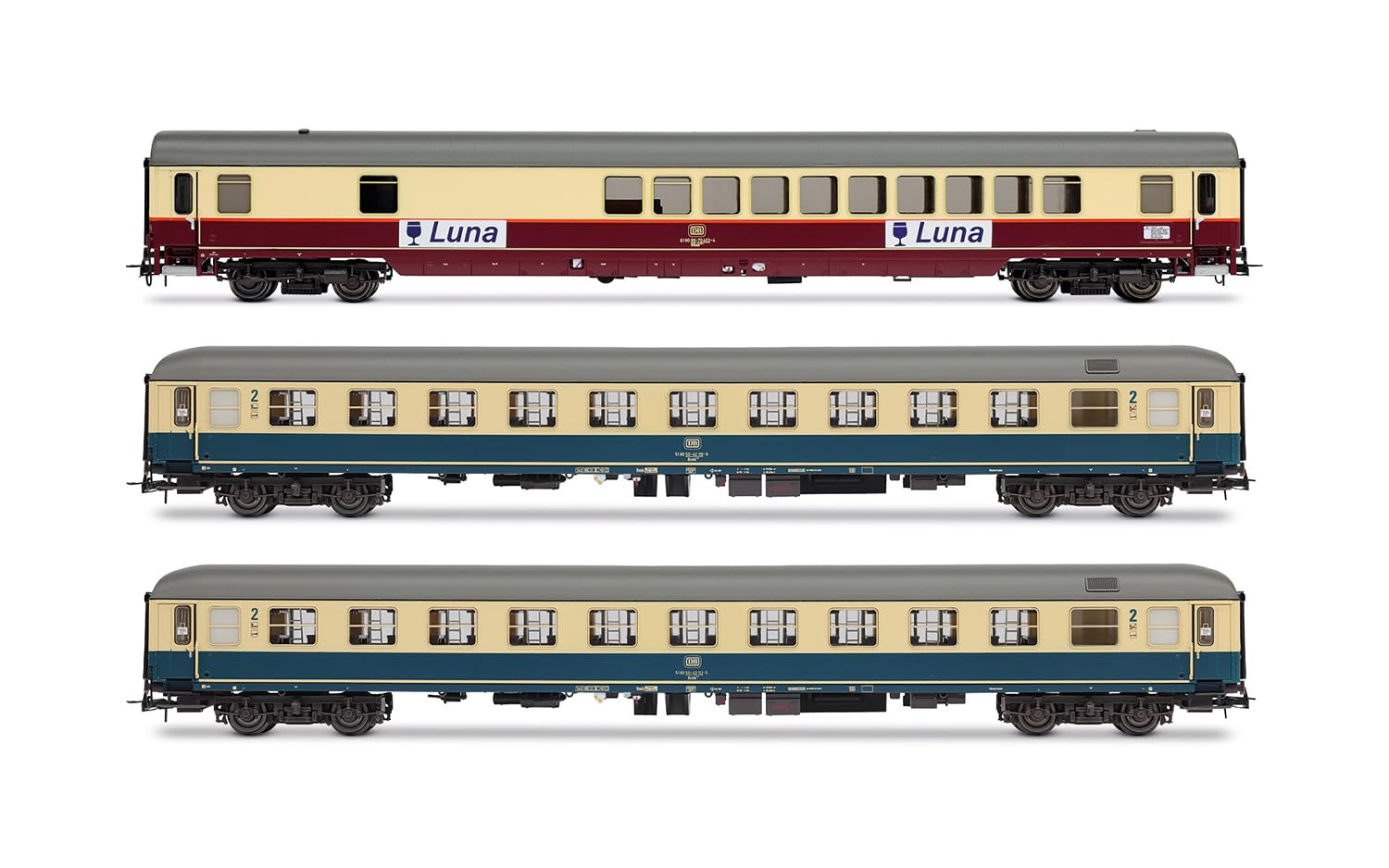 Hornby Rivarossi HR4349 DB, 3-unit pack night train Luna, bar coach WGmh 854 in red-beige livery + 2 x Bcm 246 in ocean-blue livery, ep. IV Passenger Coaches