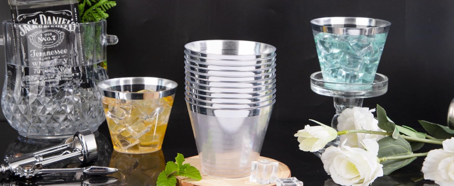 Hioasis 200Pcs 9OZ Clear Plastic Cups with silver Trim - Plastic Disposable Cups, Heavy Duty & BPA-free for Party, Wedding, Celebration
