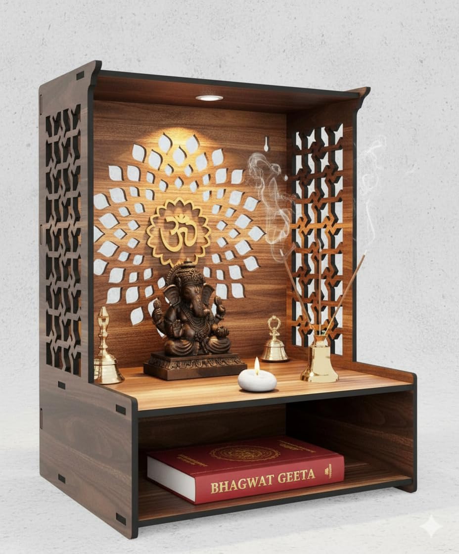 GOJEEVA KRAFT Royal Walnut Finish Wooden Pooja Mandir | Wall Mounted Home Temple with LED Lights & Spacious Storage | Premium Handcrafted Puja Unit (37.5 * 29 * 25 CM) (Large) A9-picture-29