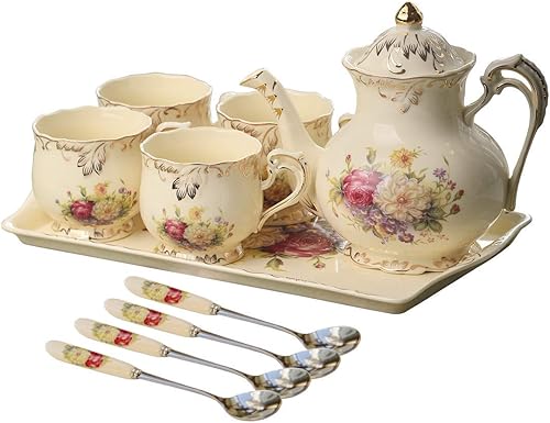 YOLIFE Juego de té de cerámica de color marfil juego de tazas de té de porcelana juego de servicio de fiesta de té para adultos