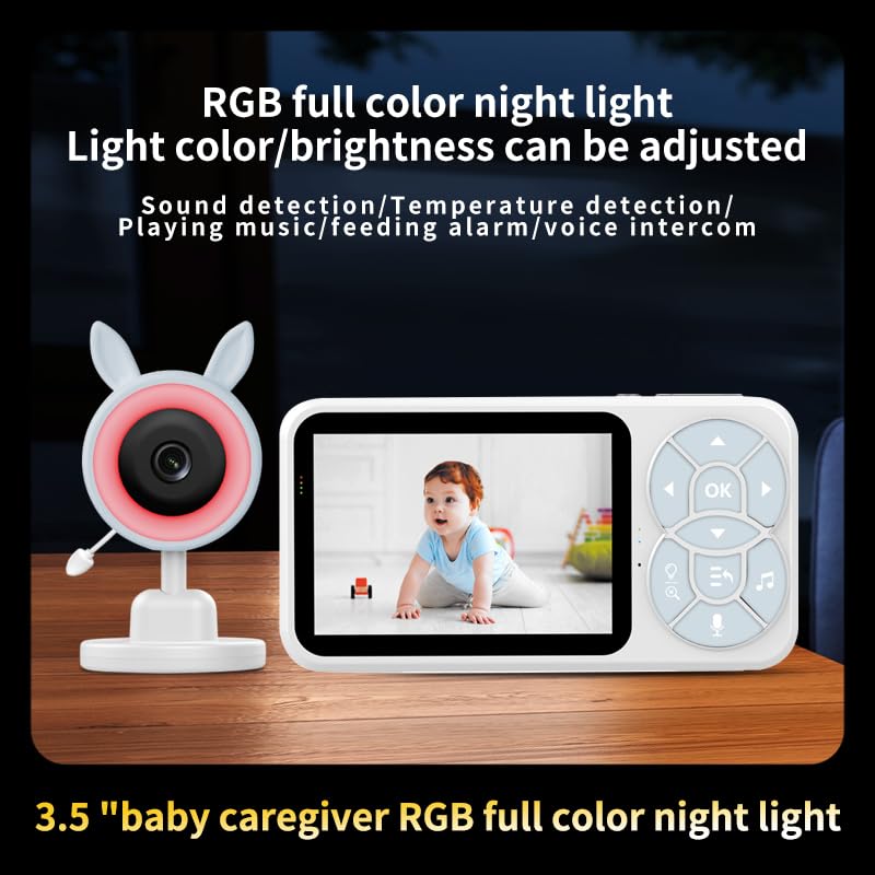 Camara Vigilancia Bebe con Luces Nocturnas Vigilabebés con Cámara con 3.5“ Pantalla IPS de 2000mAh,VOX,Zoom 2X 4X,Visión Nocturna,Monitoreo de Temperatura,Despertador,Comunicación Bidireccional