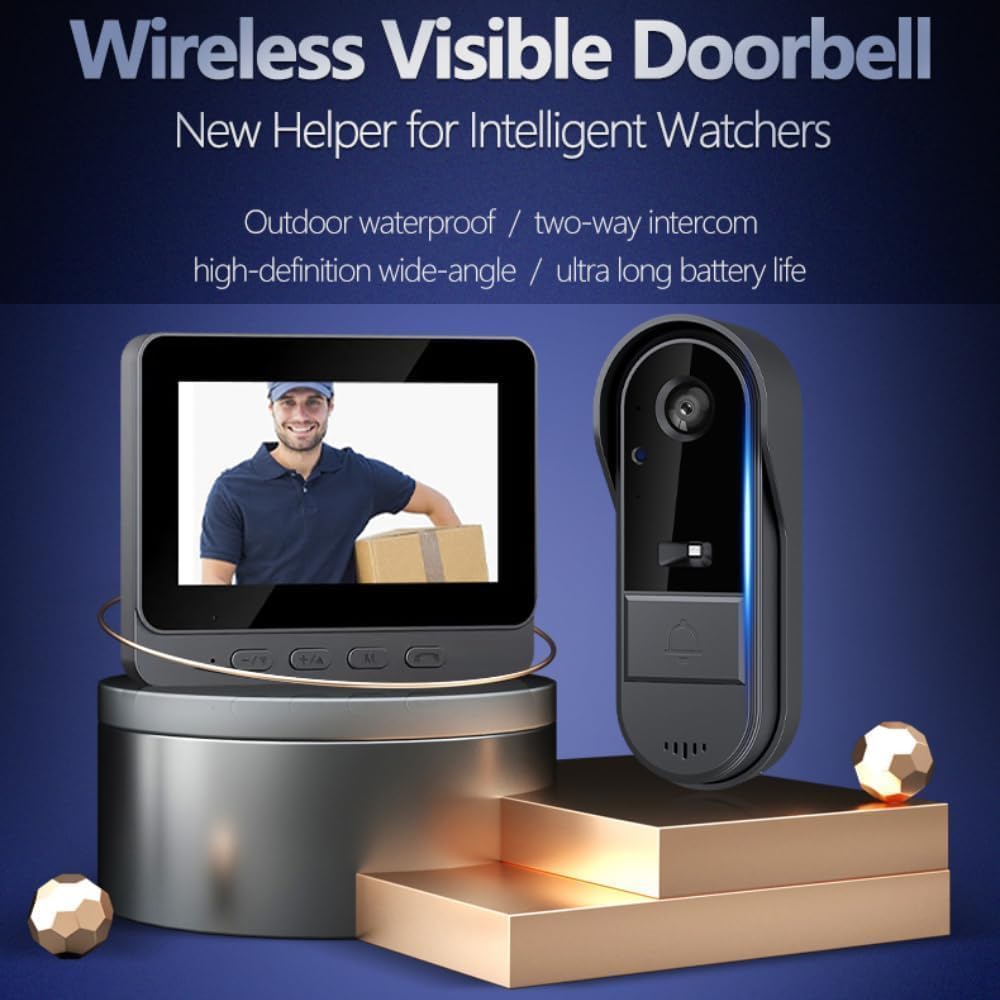 Winnes Videocitofono 1080P Video Campanello Senza Fili da Esterno con Telecamera 170°Angolo Visuale,Audio Bidirezionale,Impermeabile IP67 Spioncino Digitale con Schermo IPS 4,3'' Senza Abbonamento