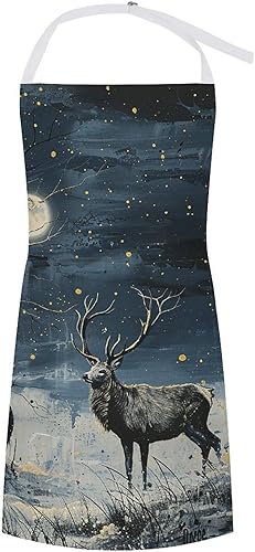 MUSM Apron for Adults - 27.6 X 31.5 Inch, Heavy-Duty Polyester Aprons with Two Large Pockets, Waterproof Painting Under Moonlight Kitchen Apron for