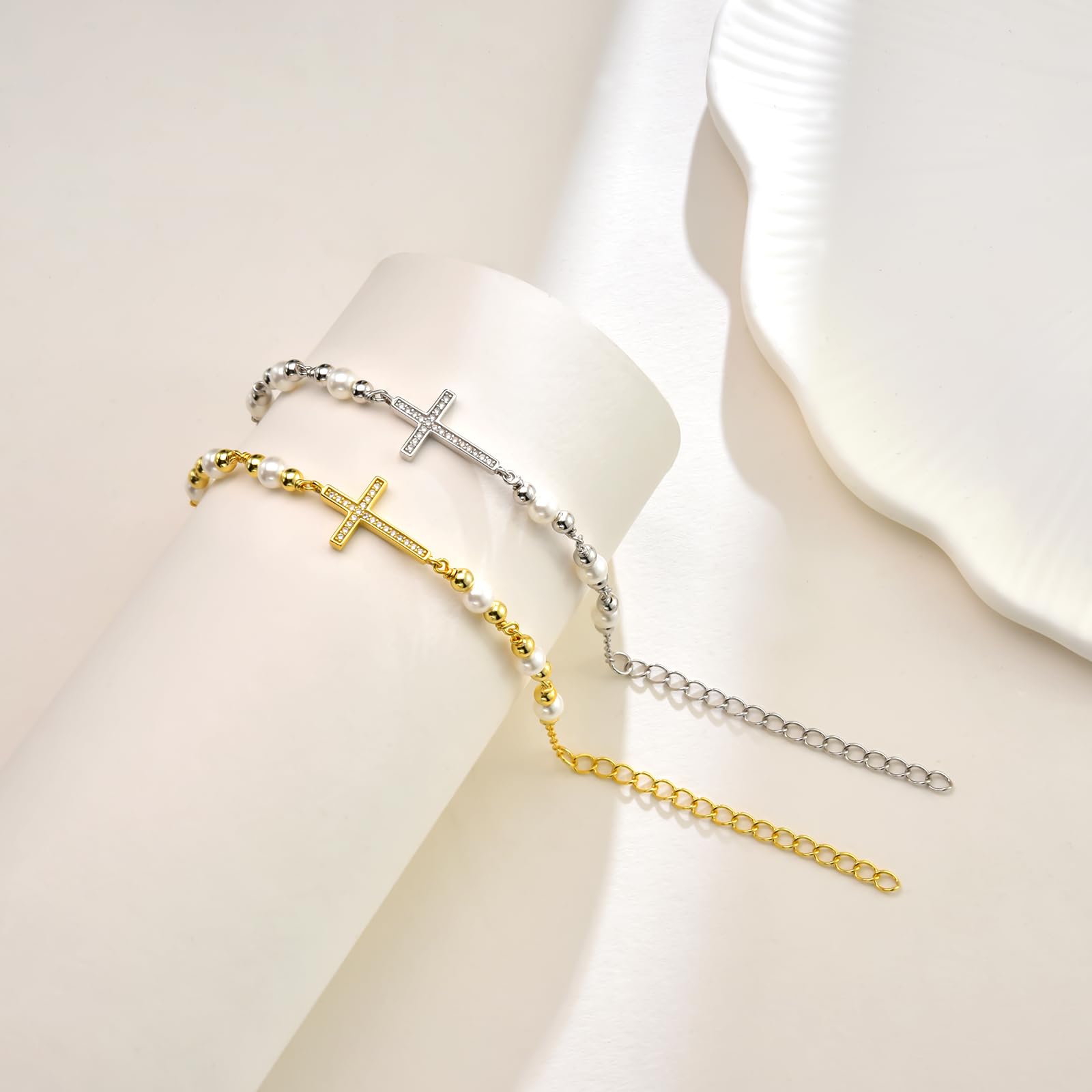 E Kreuz Armband Kinder Mädchen Silber 925 Perlen Taufarmband Verstellbare, Geburtstag Tauf Erstkommunion Konfirmation Geschenk für Mädchen Kinder