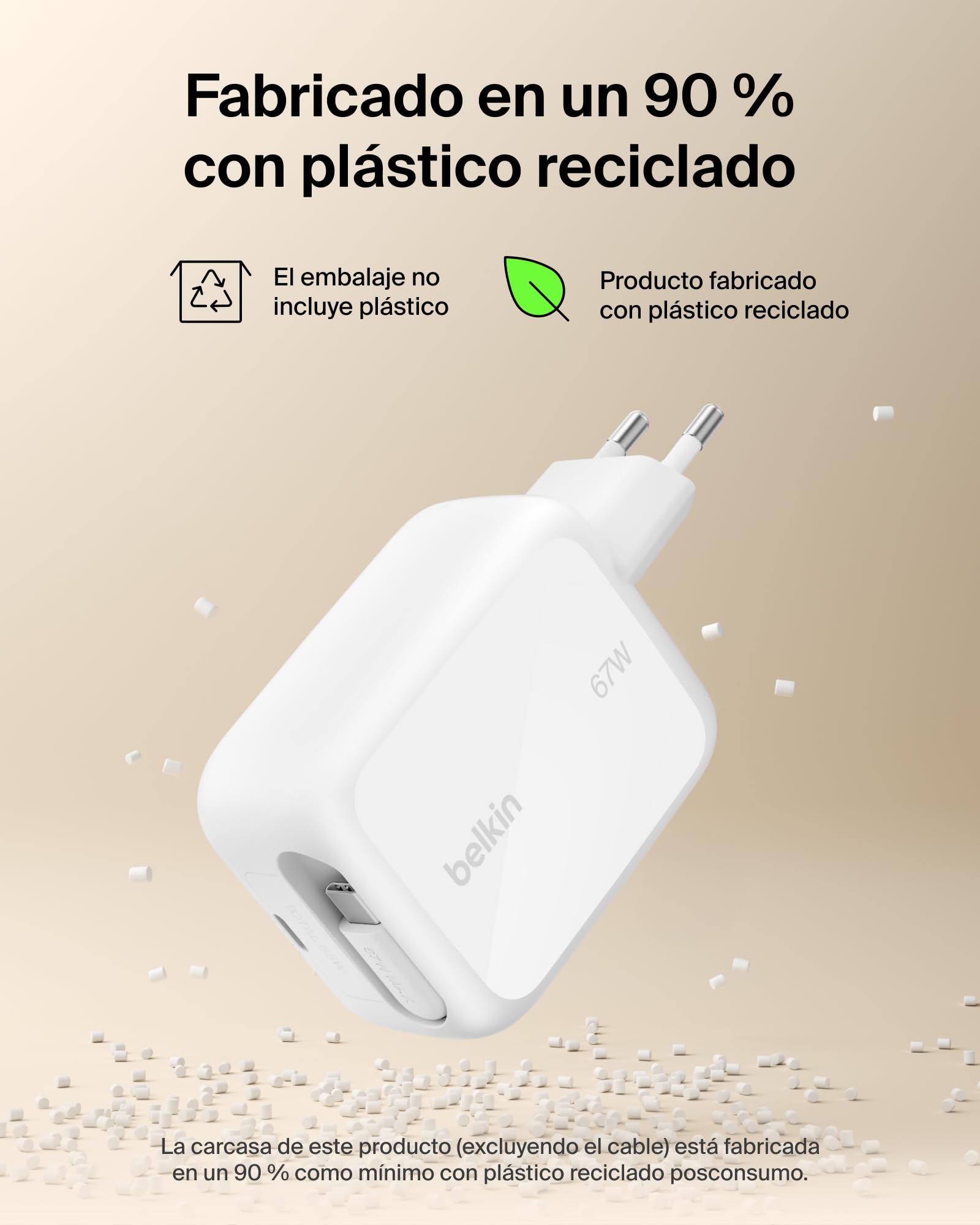 Belkin Cargador USB C con Cable USB C Retráctil y Puerto USB-C, Cargador Tipo C GAN, Carga Rápida para iPhone 17 y 16 Series, Galaxy S26 Series, AirPods, Tabletas, MacBook, Chromebook