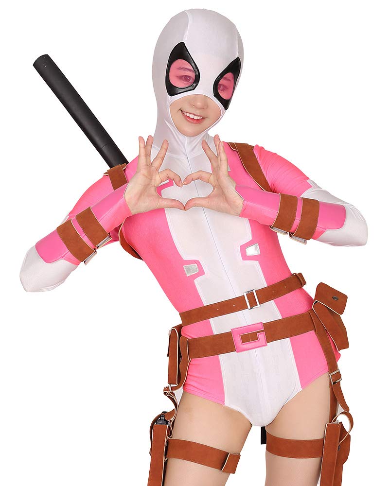 miccostumes Women's Superhero Cosplay Costume Pink White Bodysuit With Belt Set: X-Large