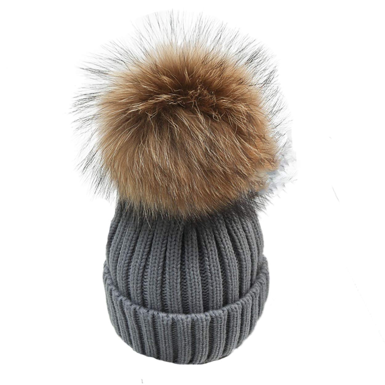 xsbyKnitted Fur Hat Beanie Hats, Women Fashion Winter Ball Warm Hat Girls Crochet Knitted Wool Cap Grey 56-59cm