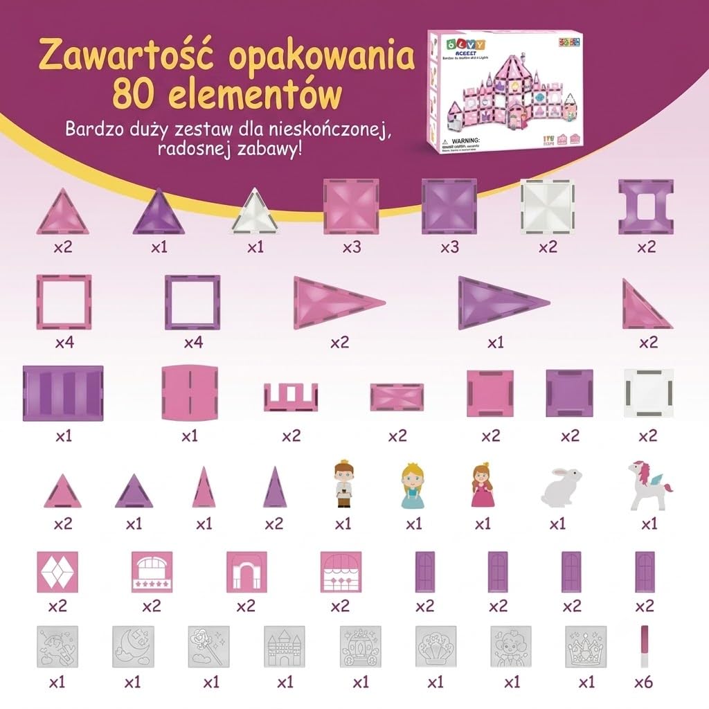 Olvy Klocki Magnetyczne Montessori 80 Elementów Księżniczka – Zabawka Edukacyjna dla Dzieci od 3 Lat – Magnetic Tiles