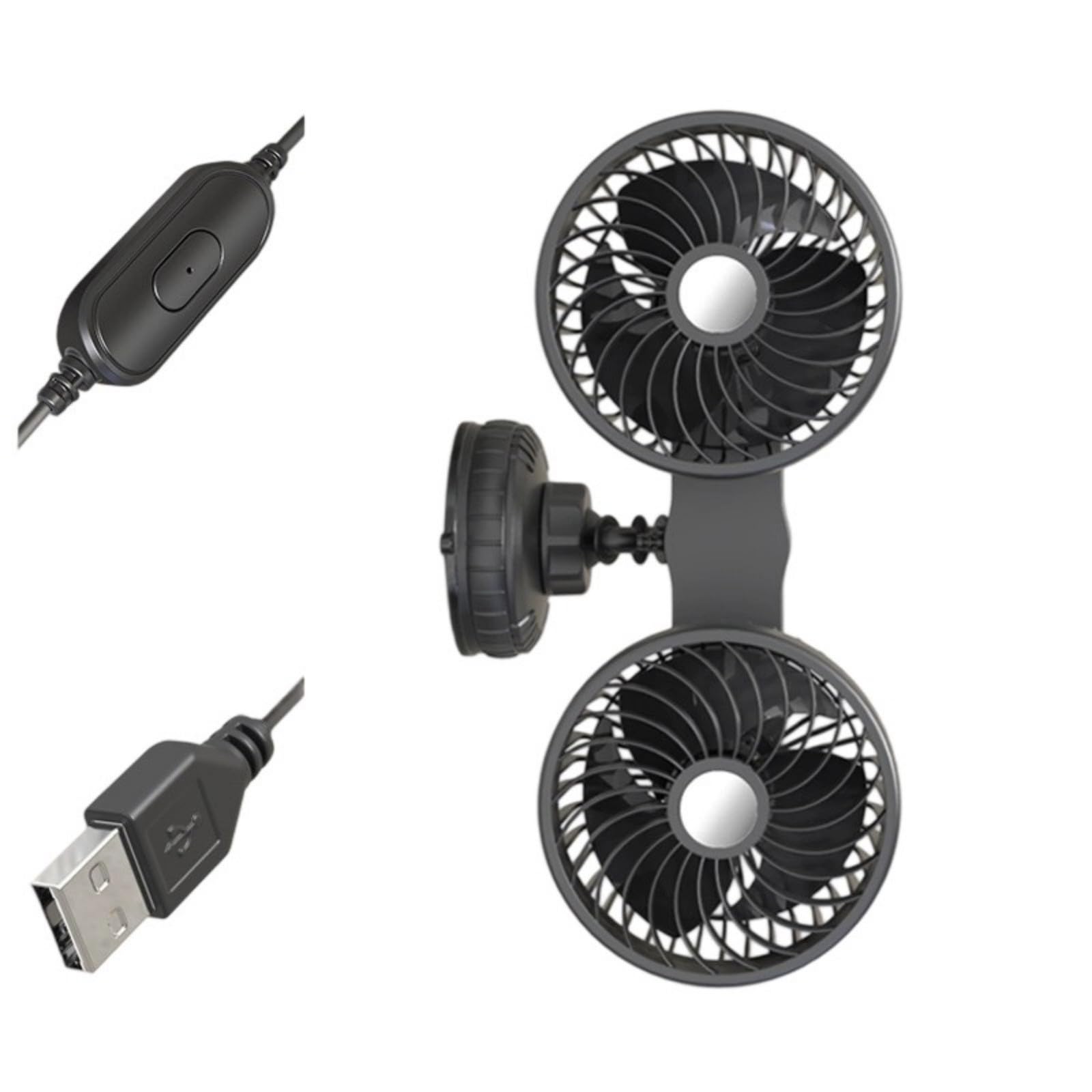 2 Head Car Fan Adjustable Airflow Road Travel Suction Cup Fan with Strong Suction Cup for Vehicle Quiet Operation Truck