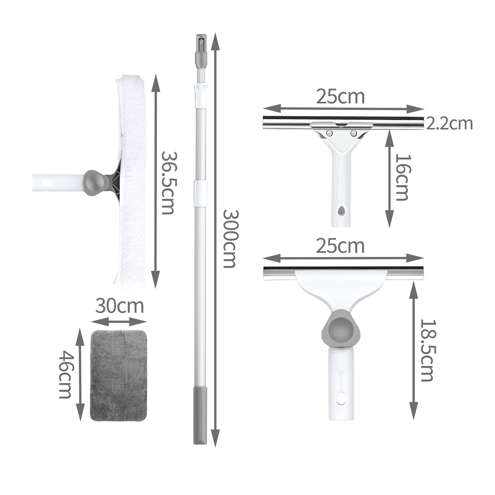 Limpiacristales con Mango Extensible,rascadora 25cm,Cepillo de Microfibra de Mano 36.5cm,Rasqueta de Cristal Profesional para Limpiar Cristal, Ventana y Espejo (300cm)