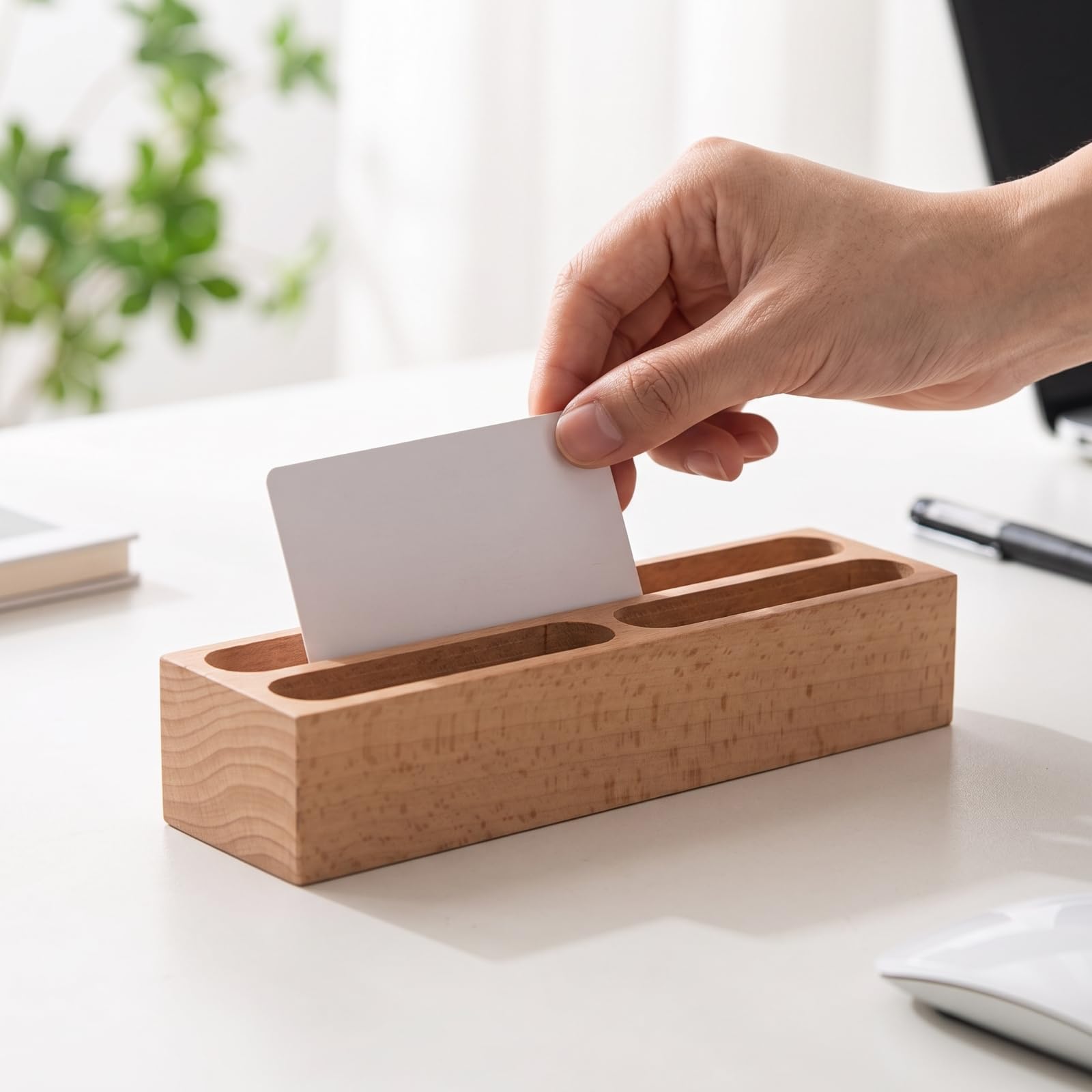 Porte-Cartes Visite En Bois Sobre | Finition Mate, Profeionnel, Présentoir, pr Bureau, Réception, Noix, Rectangle 4 Fentes