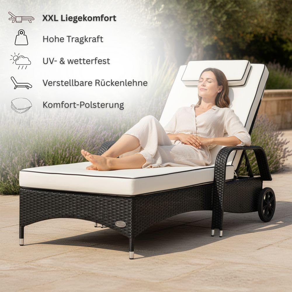 RS Trade Sonnenliege Gartenliege Wetterfest Rattan – XXL Relaxliege extra breit mit Rollen & Armlehnen, Verstellbar, bis 200kg, Outdoor Liege für Garten, Terrasse & Balkon, schwarz mit weißer Auflage