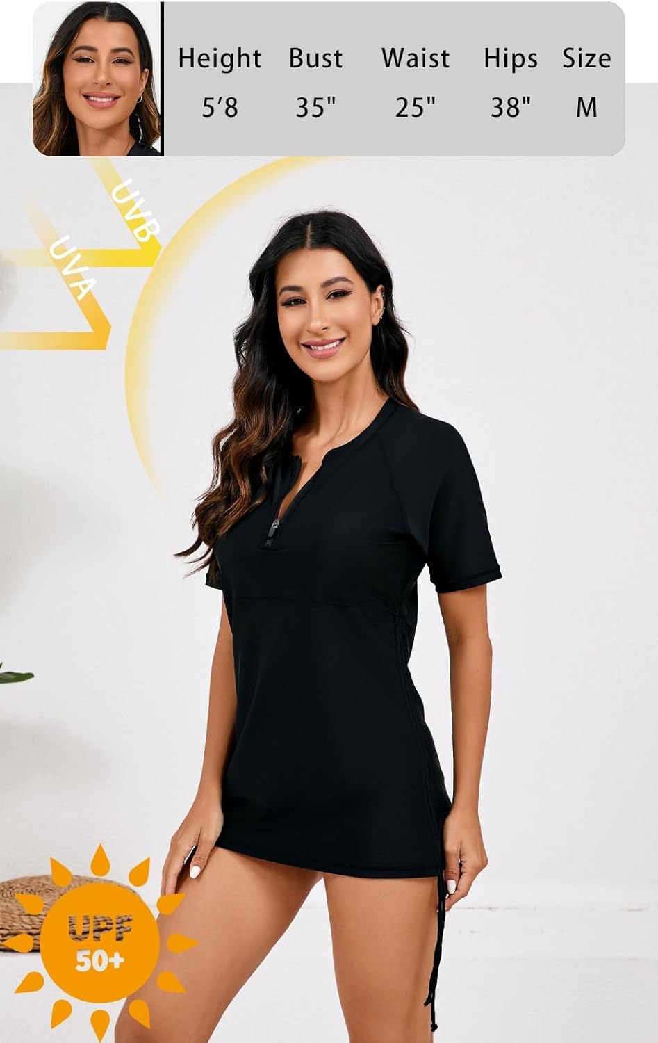 Halcurt Women's Short Sleeve Rash Guard Swim Shirt with Bra Half Zip Tie Drawstring UPF50+ Swimsuit Top - Image 3