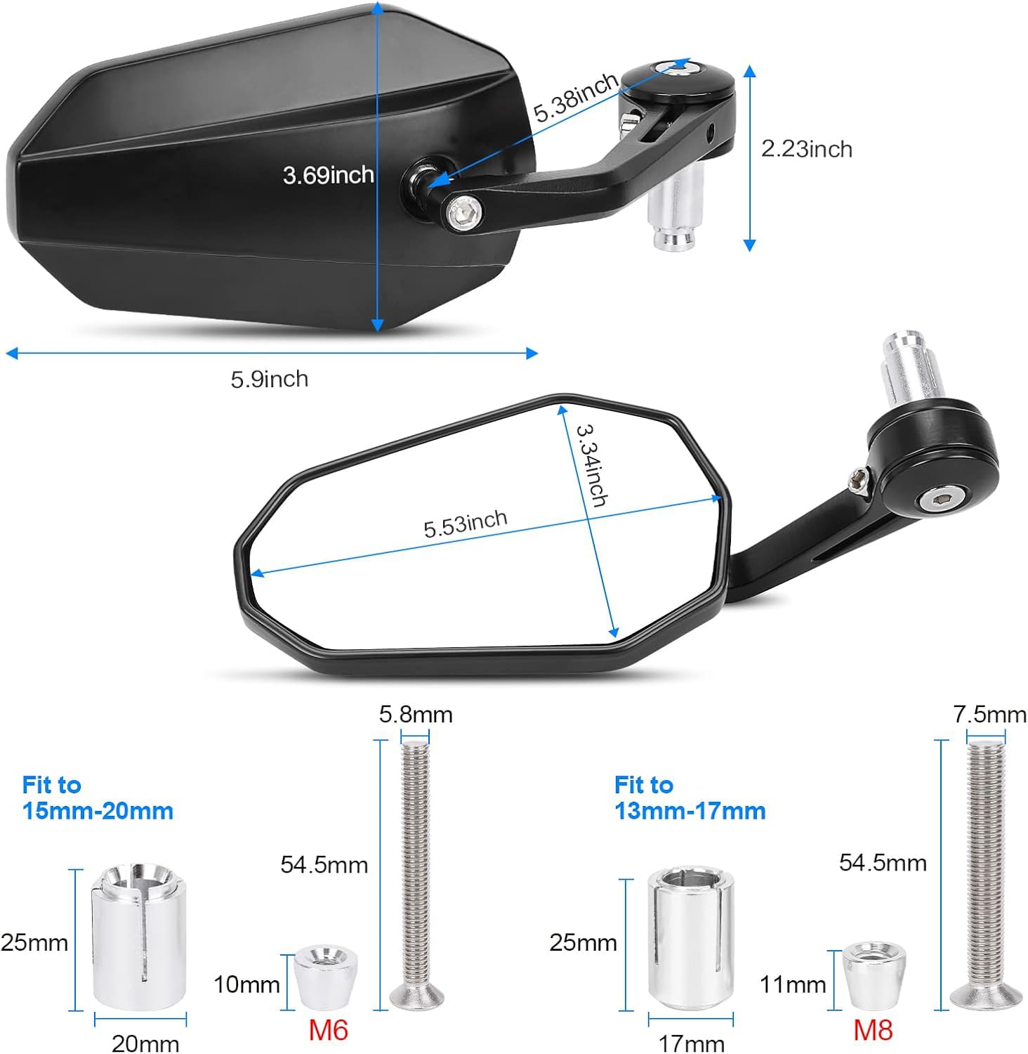 Azonee Motorcycle Mirrors, Universal Motorcycle Bar End Mirrors, Extension Motorbike Side Wing Mirror, 360 Degrees Ball-Type Adjustment, Aluminum Handlebar Mirrors for Motorcycles E-bike Scooters