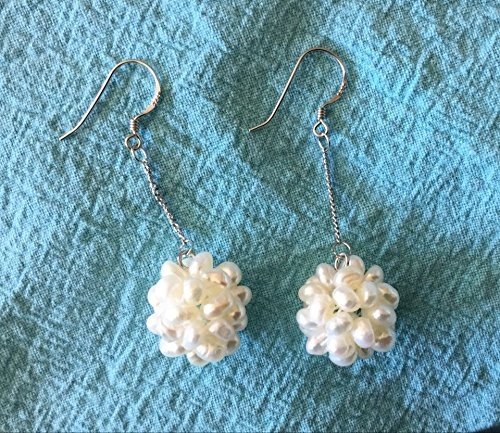Freshwater Snow Ball Pearl and Bead with Sterling Silver Hook Dangle Earring (13mm, White Bright)