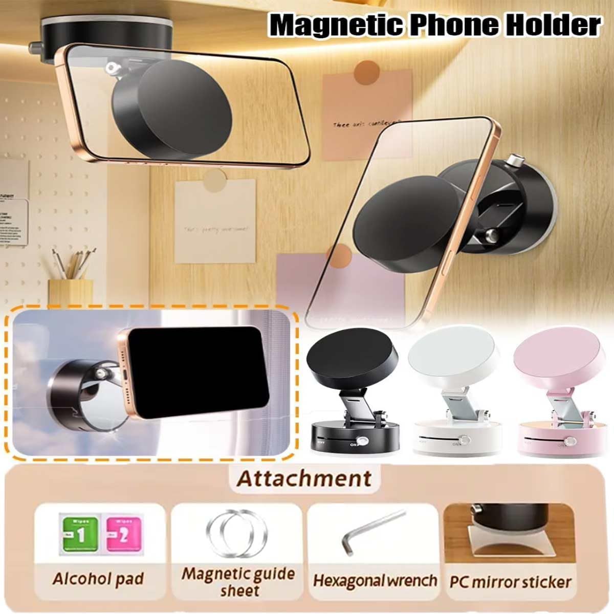 Oudvaker Soporte magnético plegable para teléfono al vacío, soporte de succión eléctrica de 360°, soporte giratorio de doble cara para coche, espejo, gimnasio, cocina, soporte portátil manos libres