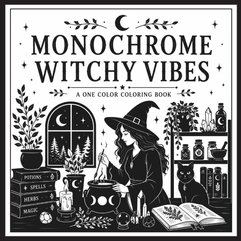 Monochrome Witchy Vibes: Cozy Witch Scenes for One Color Coloring, Relaxation and Stress Relief for Teens and Adults Halloween Gift for Teen Girls