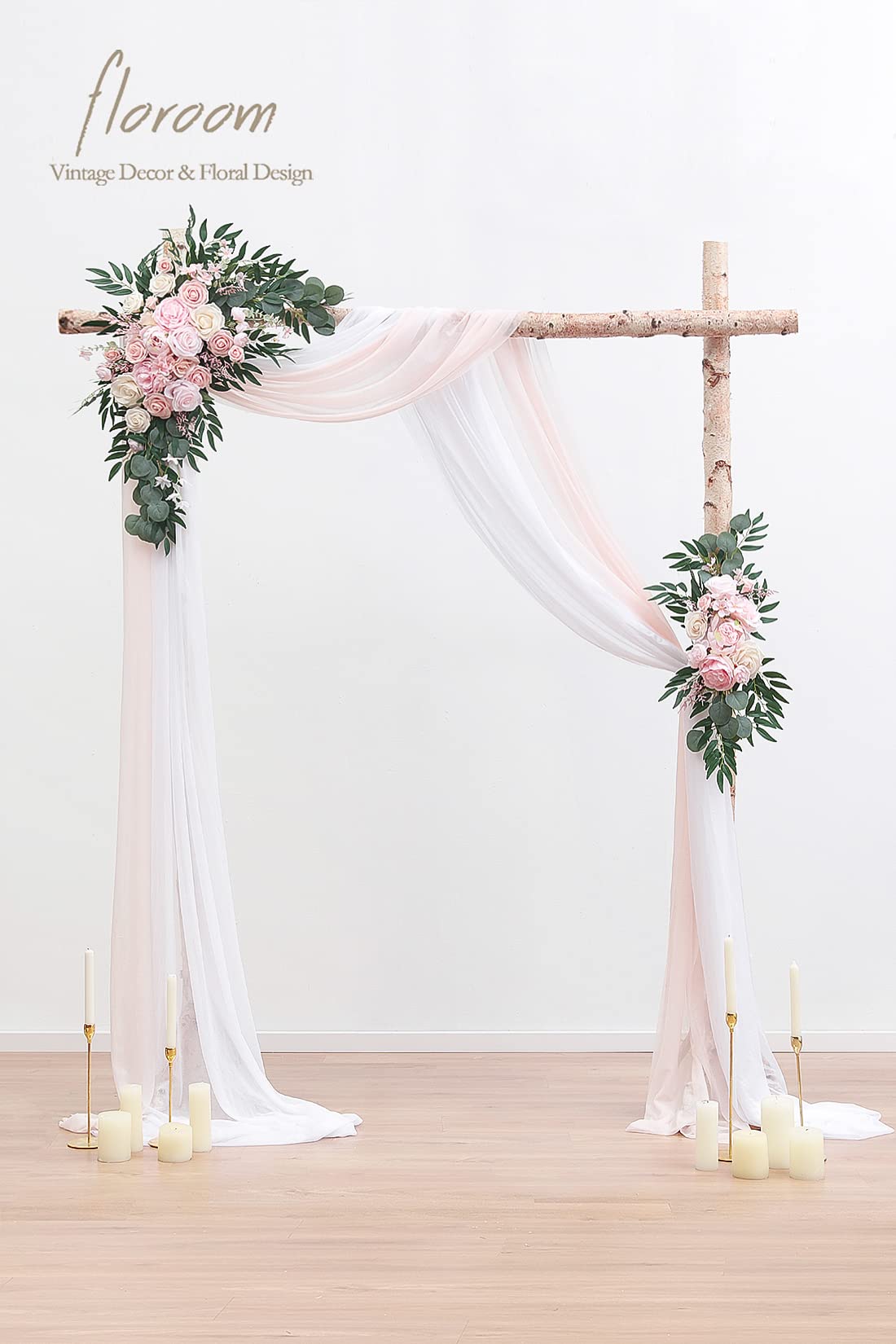 Floroom Arch Flowers with Drapes Kit (Pack of 4) - 2pcs Artificial Blush Pink Floral Swag Arrangement with 2pcs Draping Fabric for Wedding Ceremony Arbor and Reception Backdrop Decoration