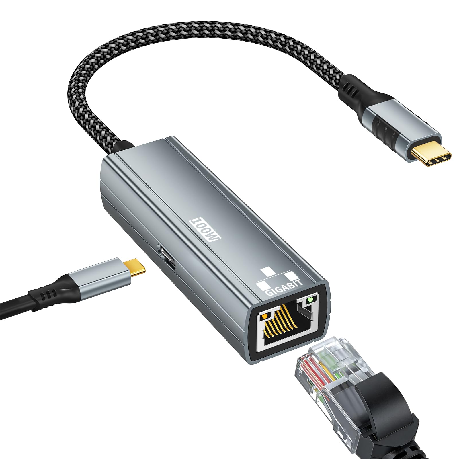 Adattatore Ethernet USB C 2 in 1 con Porta di Ricarica PD 100W, Gigabit 1Gbps, RJ45 a USB C Plug & Play per iPhone 17 16 15 MacBook iPad Laptop, Grigio