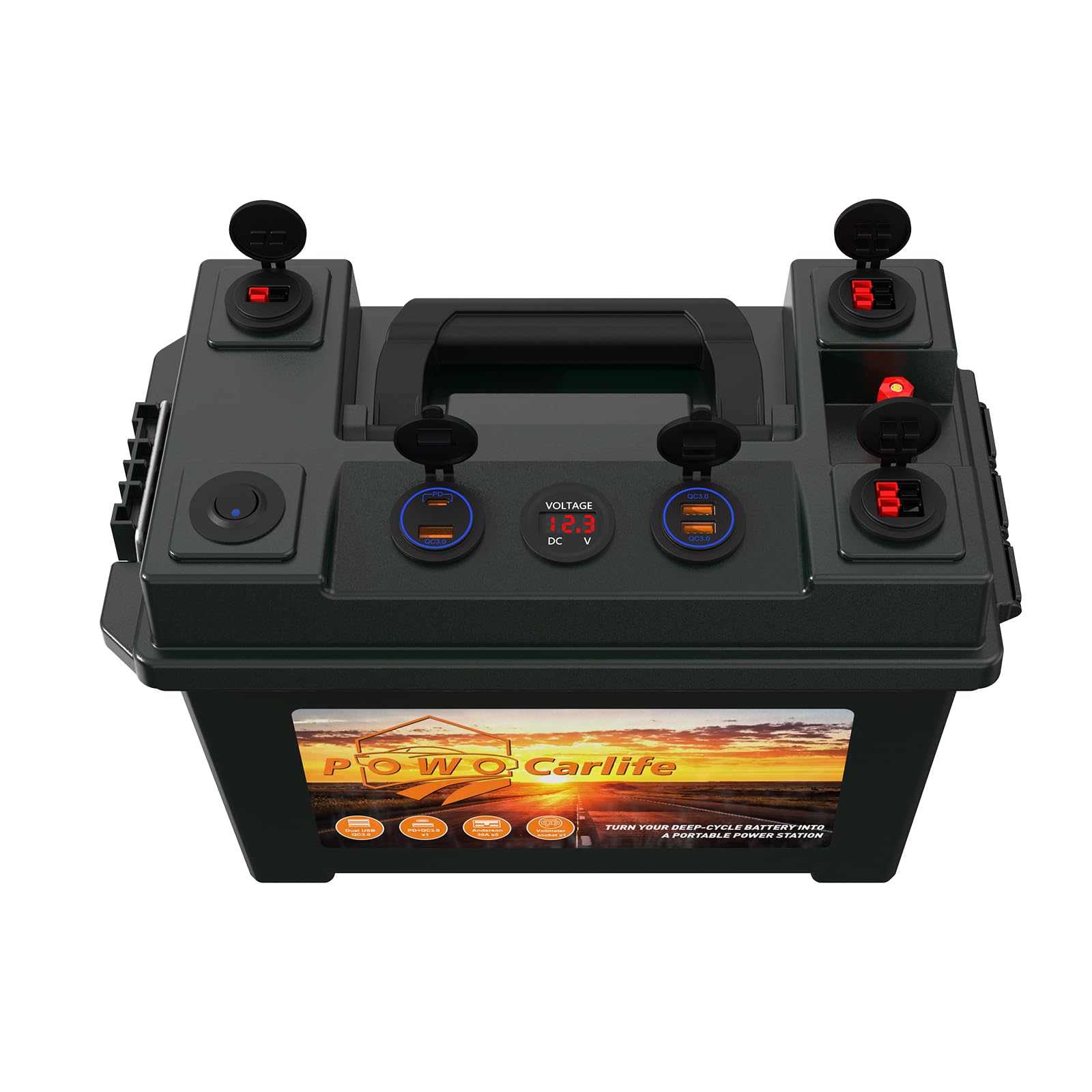 Caja de batería inteligente portátil con motor de arrastre de 12 V – con puerto QC3.0/PD tipo C/enchufe Anderson/voltímetro digital, centro de energía para RV panel solar barco