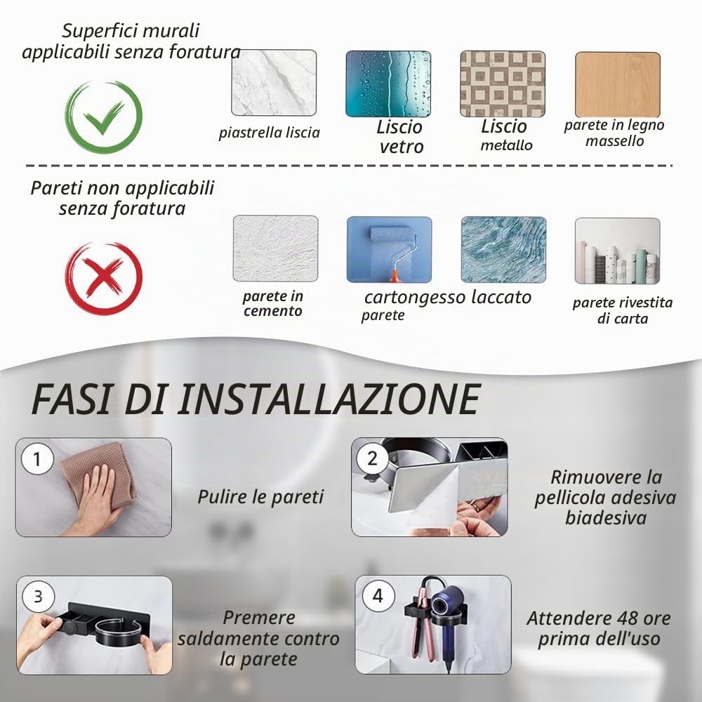 Supporto Phon e Piastra Senza Foratura, Porta Piastra per Capelli, Senza Foratura Porta Phon da Parete per Camere da Letto e Barbiere, Nero