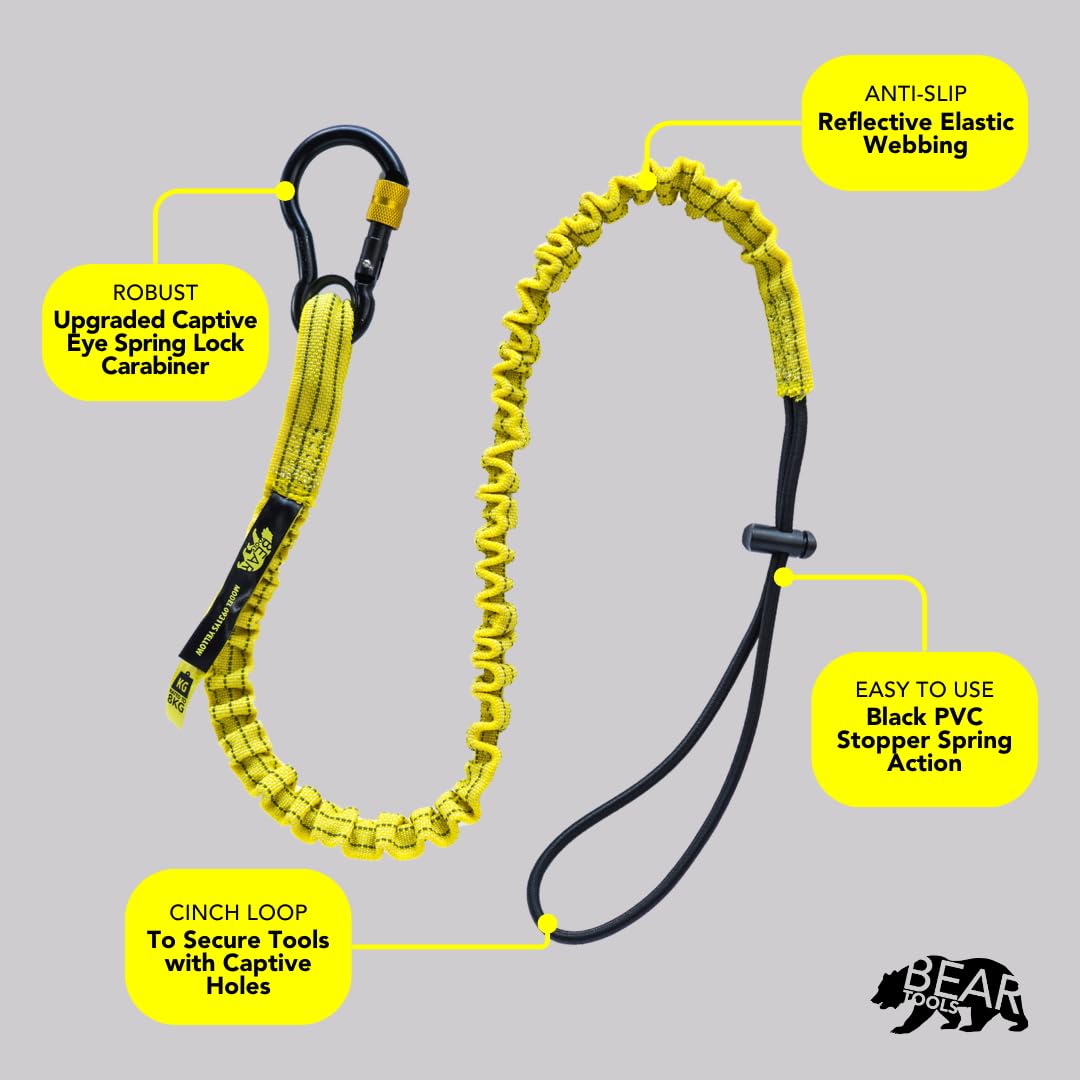 BearTOOLS Nowa żółta smycz bezpieczeństwa z karabińczykiem z blokadą zabezpieczającą z niewoli oczkiem, aluminiowa, uniwersalna regulowana pętla, ograniczenie wagi kropli 8 kg / 17,6 funta, ograniczenie upadku (5)