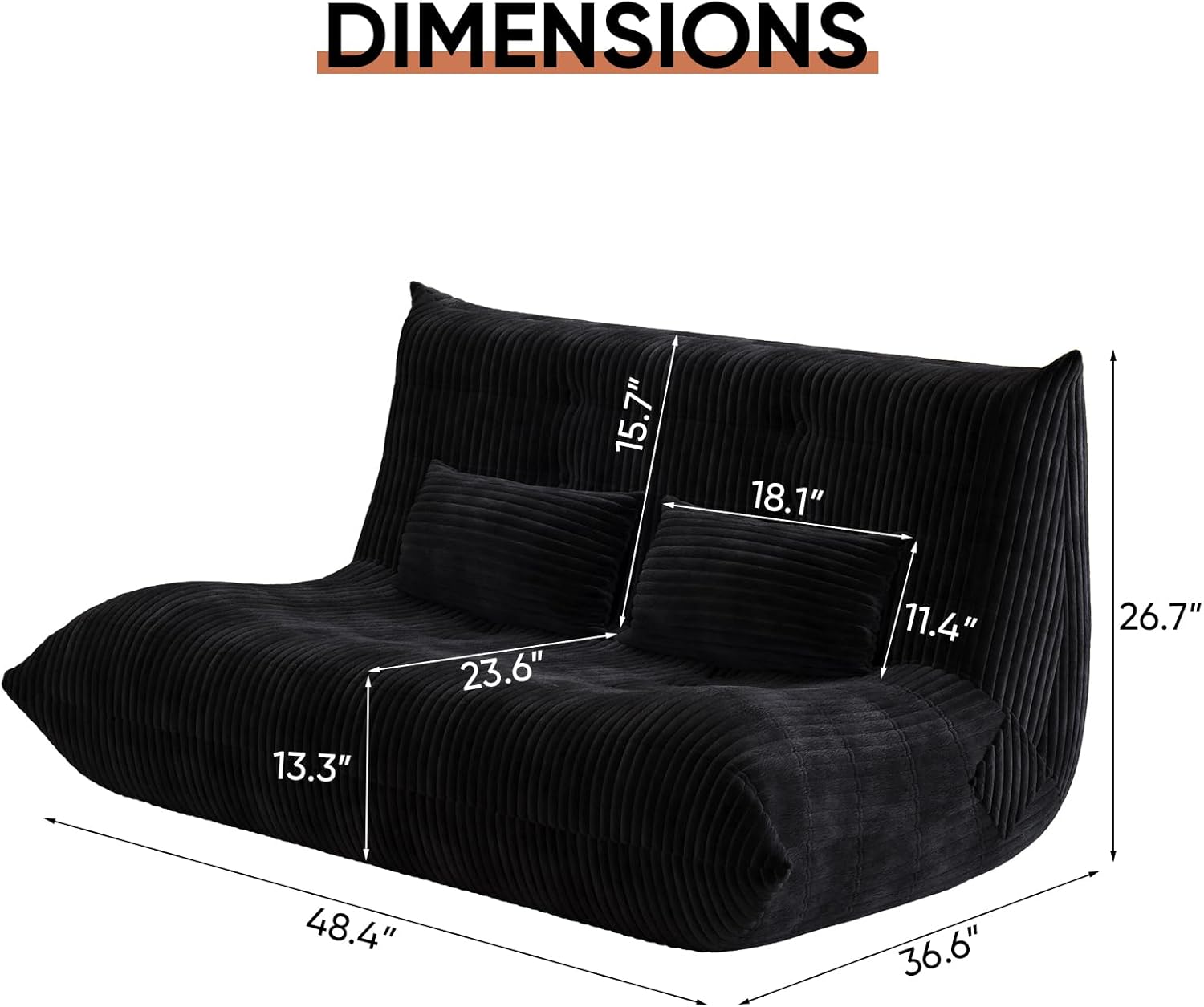 Bean Bag Chair with Pillow, Giant Flannal Memory Foam beanbags Lazy Sofa for Audlts Fireside Chair Armless Chair for Living Room Bedroom Dorm Office (Black, Loveseat Sofa)