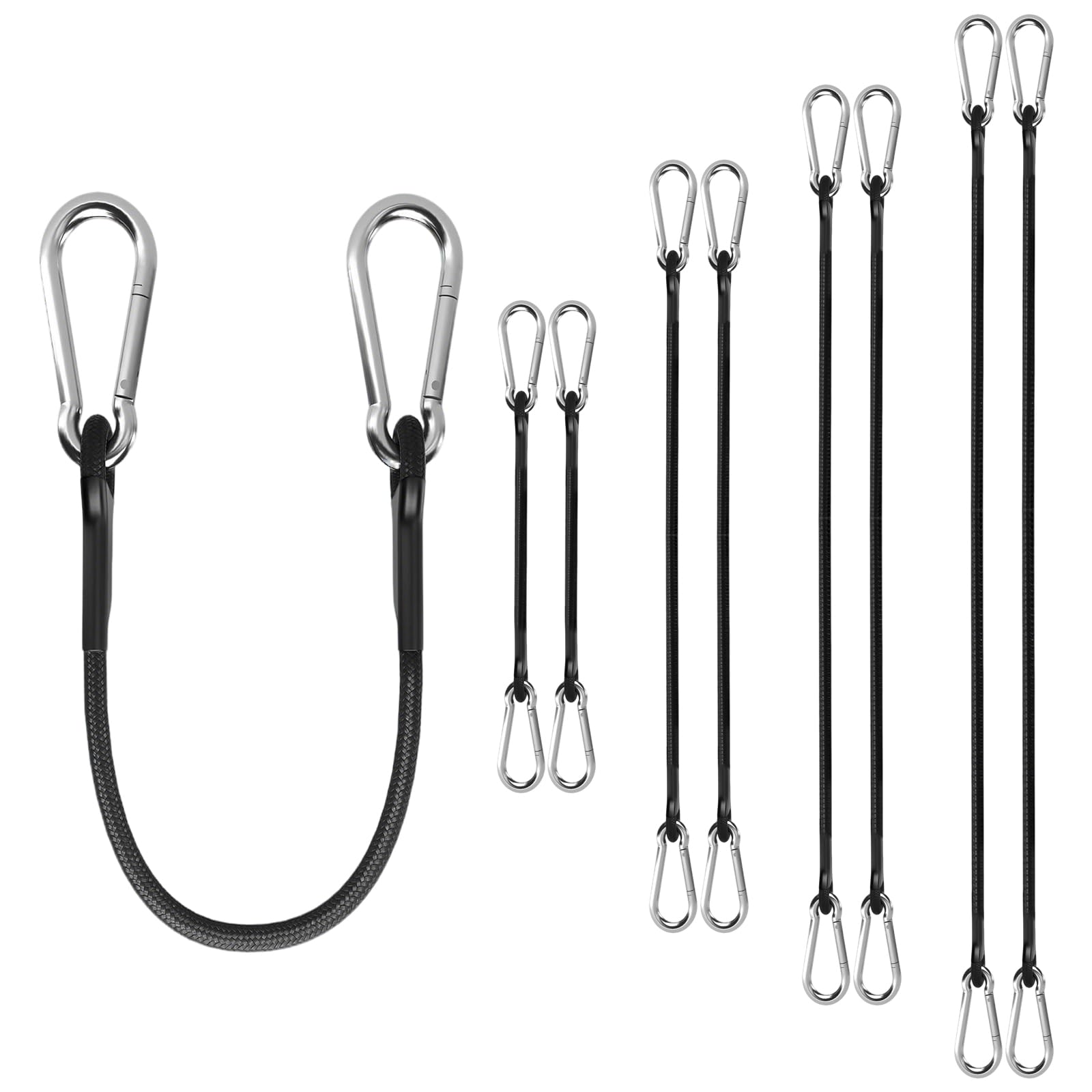 8 Pack Bungee Cords with Carabiner Clips, 2 of Each 100 cm 80 cm 60 cm 30 cm Heavy Duty Carabiner Bungee Cord, Extra Strong Black Bungee Straps with Carabiner Hooks for Camping, Tarps, Tent, Bike, Car