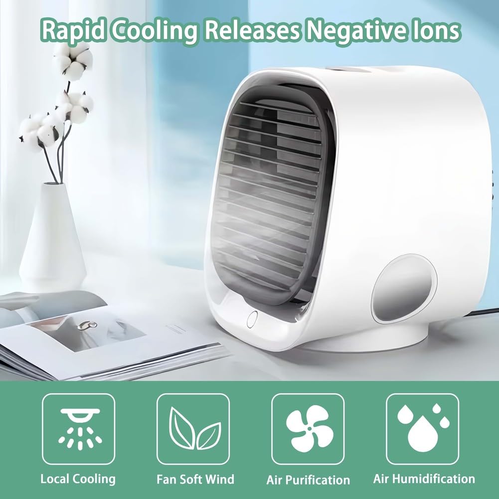 Ventilador de refrigeración de aire portátil con humidificador y luz nocturna para comodidad en habitaciones pequeñas