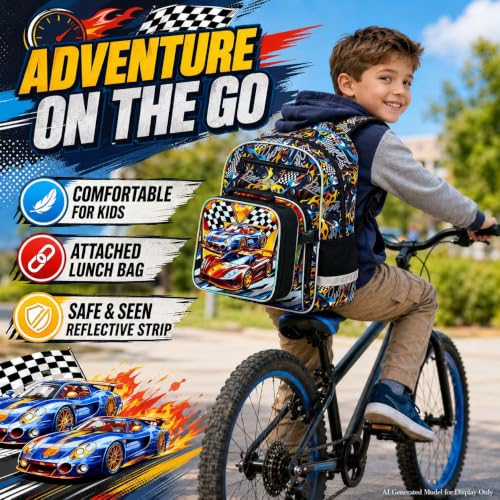 Image of HPJGD 3PCS Bookbag for Boys, 16 inch Race Car Preschool Backpack Set with Clip-On Lunch Box, Kids Water-Resistant School Bag for Elementary - Thrill Racing