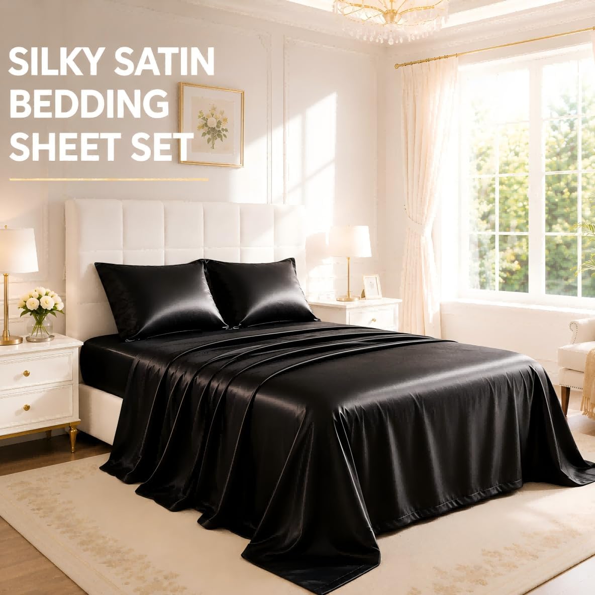 Full Size Satin Sheets 4 Piece Silky Bed Sheet Set with Smooth Silky Surface Moisture Wicking Bedding for Hot Sleepers Hair Care Deep Pocket Bedroom Decor Black