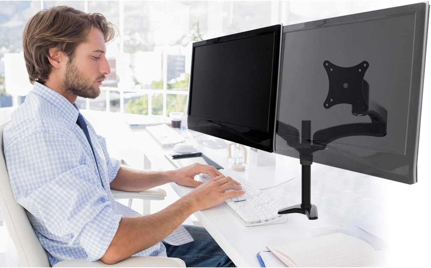 2xhome - New Extra Long Dual Extension Arms 3 Way Three-secetioned Ergonomic Fully Eight Adjustable Desk Pole Mount Bracket Desktop Flat Panel Clamp Stand for Double LCD LED for Standard or Widescreen