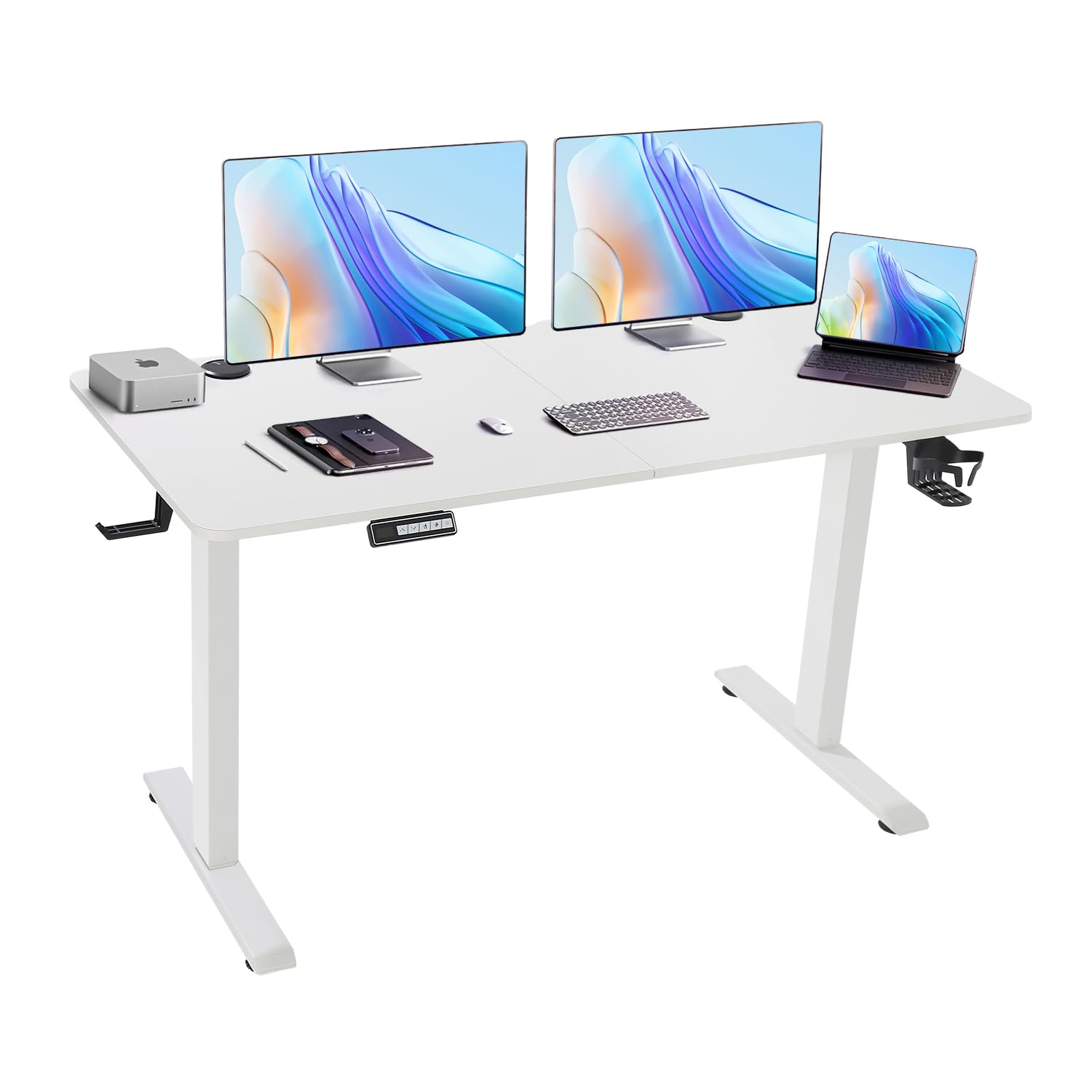 ShowMakerHeight Adjustable Electric Standing Desk,140 X 60cm Splice Board,Rising Home Office Computer Table with Memory Controller (White, 140 x 60cm)
