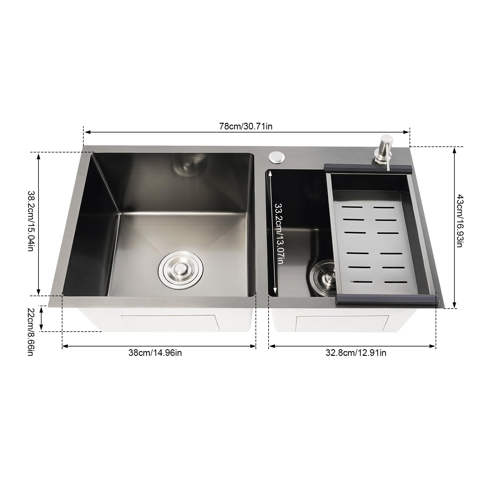 78 x 43 x 22 cm Évier encastrable double évier en acier inoxydable 304 noir nano-revêtement capacité de charge 50 kg Évier de cuisine moderne avec égouttoir Distributeur de savon pour familles et