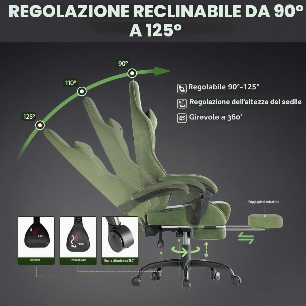 Huracan Sedia da gaming con massaggio lombare, Sedia da Gamer ergonomica, in tessuto di velluto, Poltrona da Gaming con poggiatesta regolabile e cuscino lombare, poggiapiedi, verde