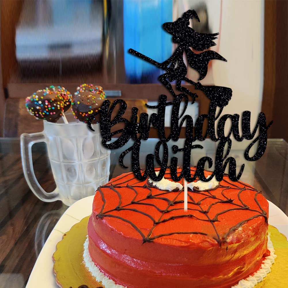 Birthday Witch Cake Topper - Black Glitter Decoration For Girl's Birthday Or Halloween Parties - View #7