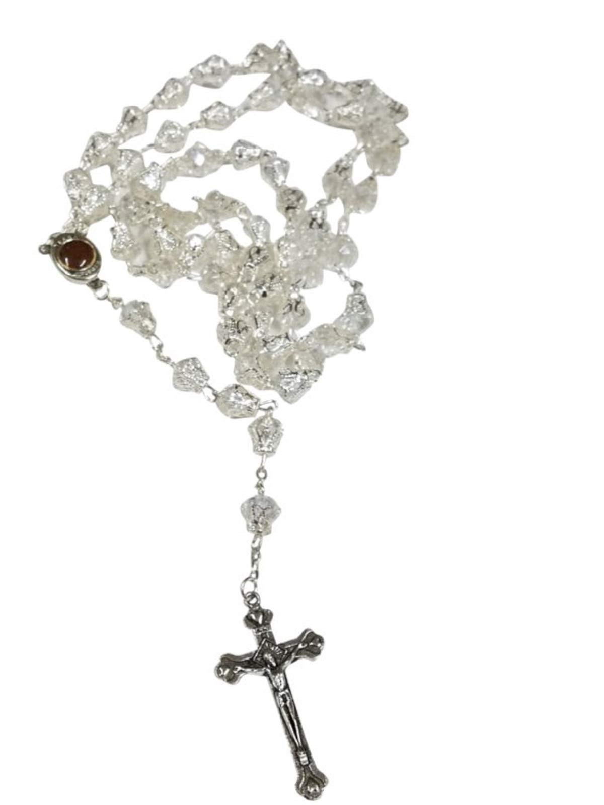 Unique Large Glass Crystal Beads Rosary with Holy Soil Silver Crucifix by Bethlehem Gifts TM