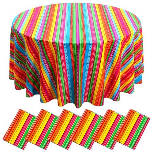 Image of Hahafelt 6 Pcs Mexican Fiesta Plastic Tablecloth 84 Inch Cinco De Mayo Round Disposable Table Cover Colorful Stripe Serape Circular Table Cloth for Mexican Carnival Taco Night Loteria Party Decor