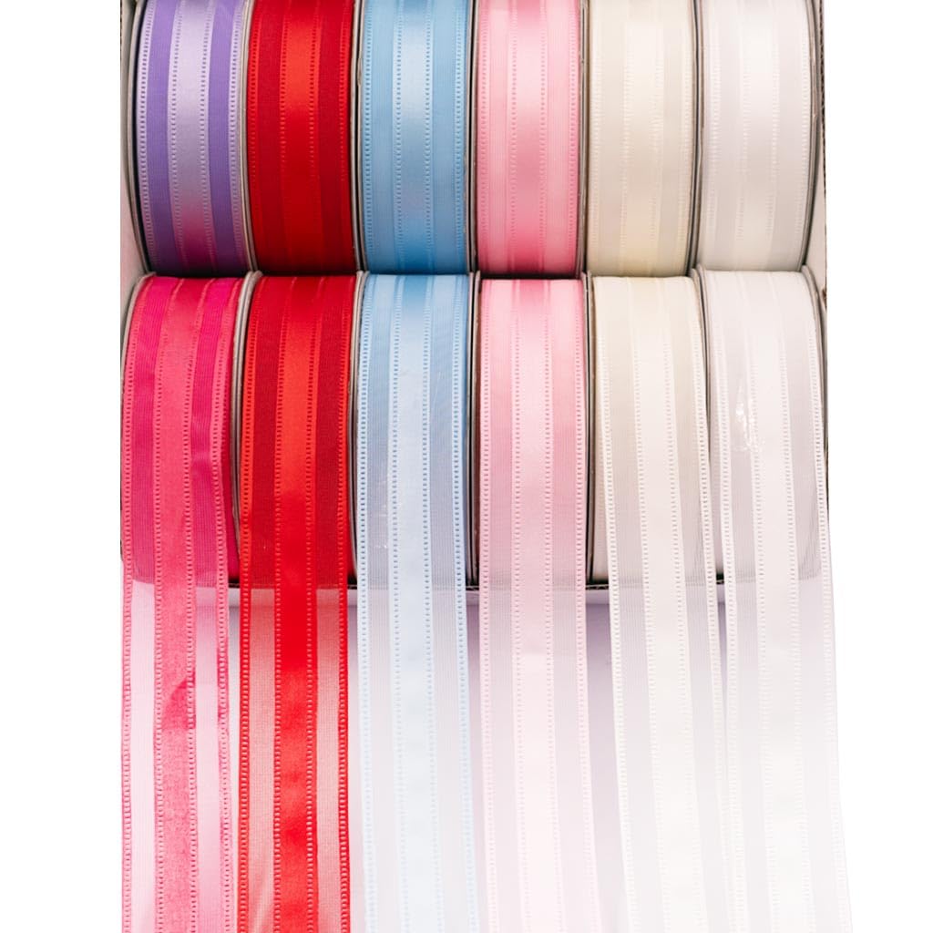 Set of 12 Decorative Satin & Lace Ribbon Rolls - 1" x 3 Yards Gift Wrapping Wedding Party Decoration DIY