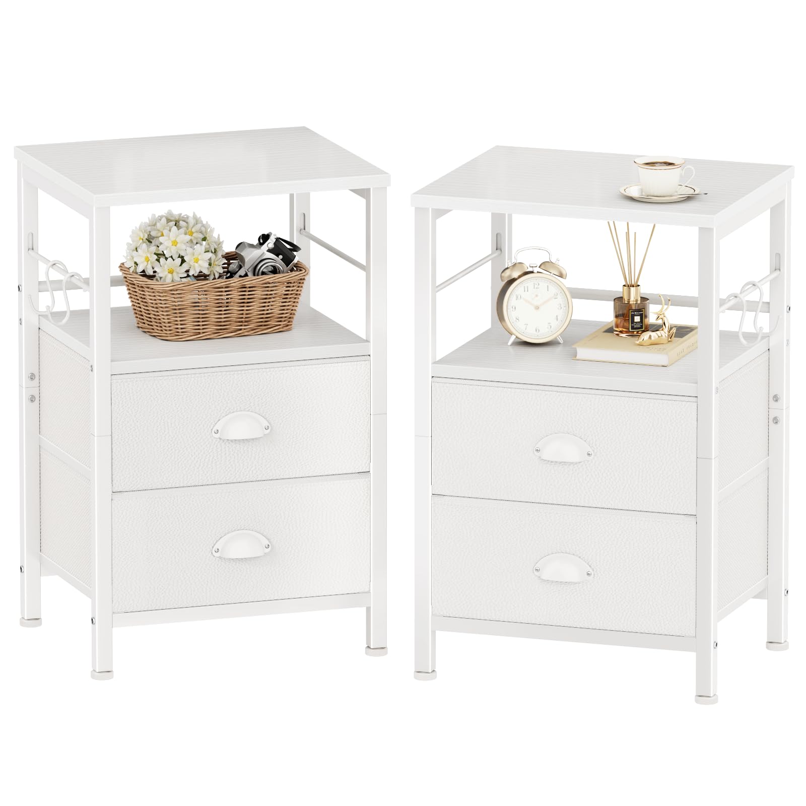 Furologee Nightstands Set of 2, End Table with 2 Fabric Drawers, Night Stand with 2 Hooks, Open Wood Shelf Bedside Table for Bedroom/Living Room/White