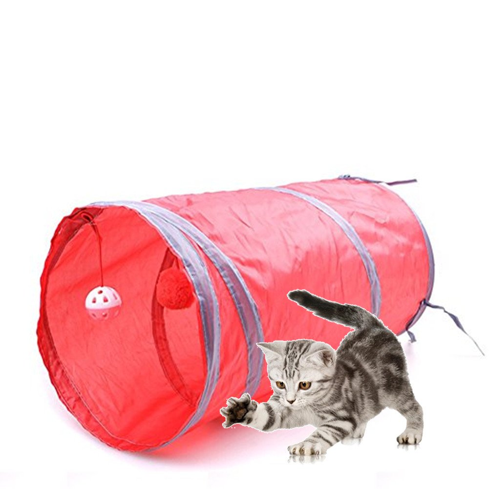 Morbuy Cat Tunnel Tube Pet Toy, Collapsible Pet House Toy Tunnel with Ball for Cat,Puppy, Kitty, Kitten, Rabbit,Indoor or Outdoor Use (Red)