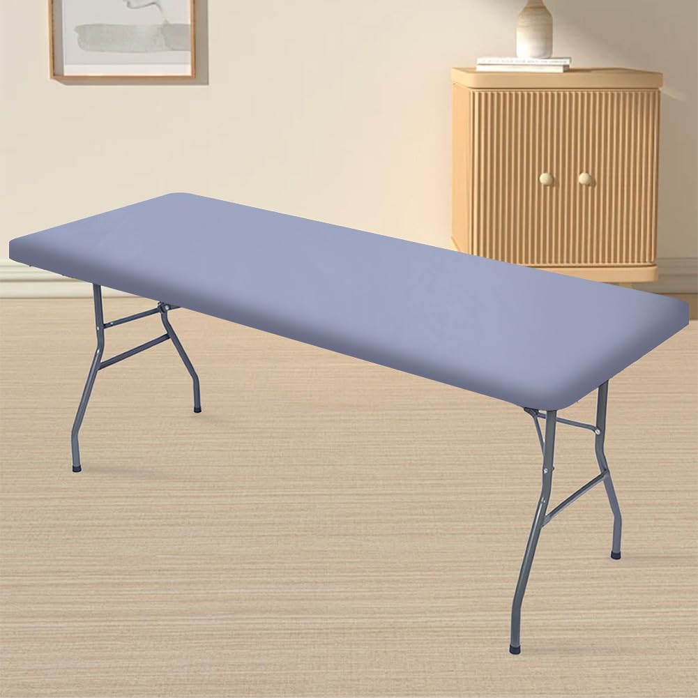 GORGECRAFT 2Pcs Rectangle Table Cloth 72x30 Inch Waterproof Elastic Patio Picnic Fitted Tablecovers Fits for 6 Foot Folding Tables Gray Wipeable Polyester Tablecloth for Indoor Outdoor Camping - Image 3