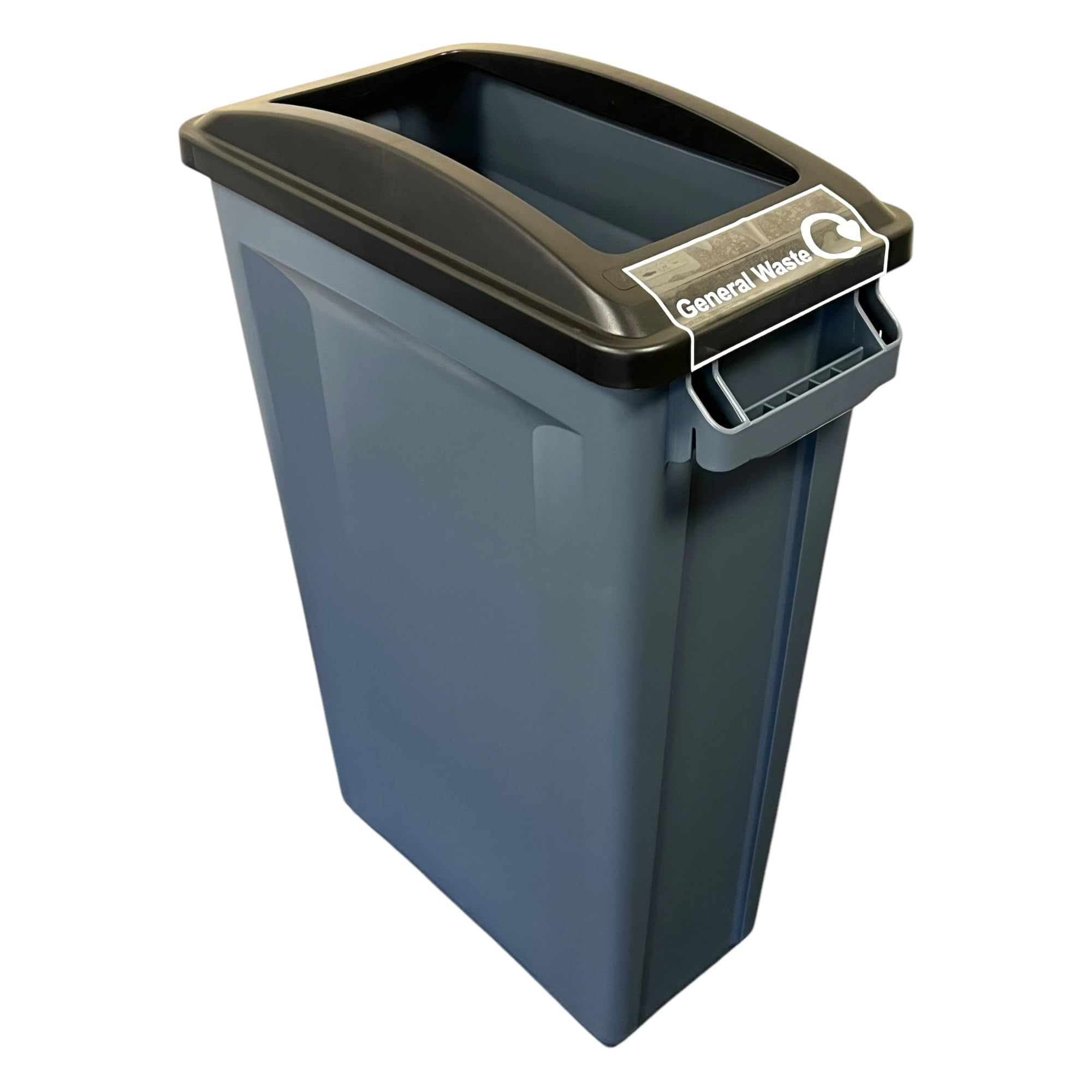 Chabrias Ltd 87L Slim Recycling Bin with Open Black Lid + General Waste Sticker - General Waste Container for Office, School & Kitchen - Narrow 87 Litre Commercial Rubbish Bin with Vented Liner System