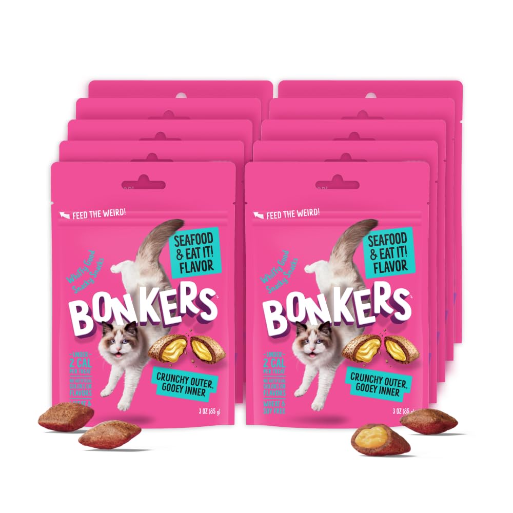 Bonkers Cat Treats Seafood & Eat It! Flavor 3 OZ, Cat Treats, Treats for Training, for All Breeds and Ages, Food Topper, Resealable Pouch (10 Pack)