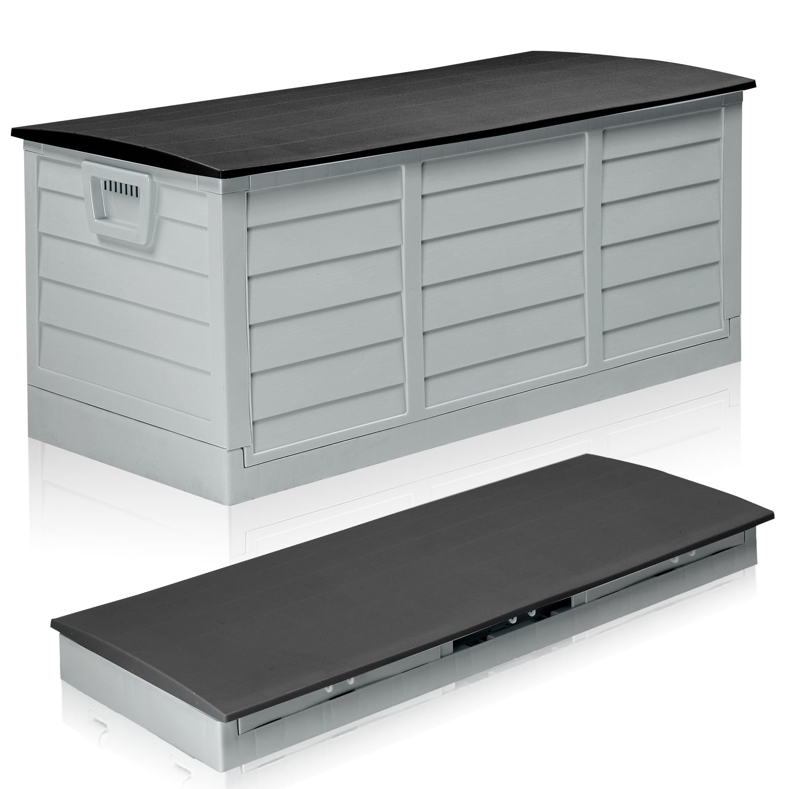 Outopee Foldable Garden Storage Box 280L, Heavy Duty Plastic Outdoor Storage Box with Strapped Lid, Weather Resistant, Portable Deck box for Parcels, Tools, Toys, Accessories, Grey&Black