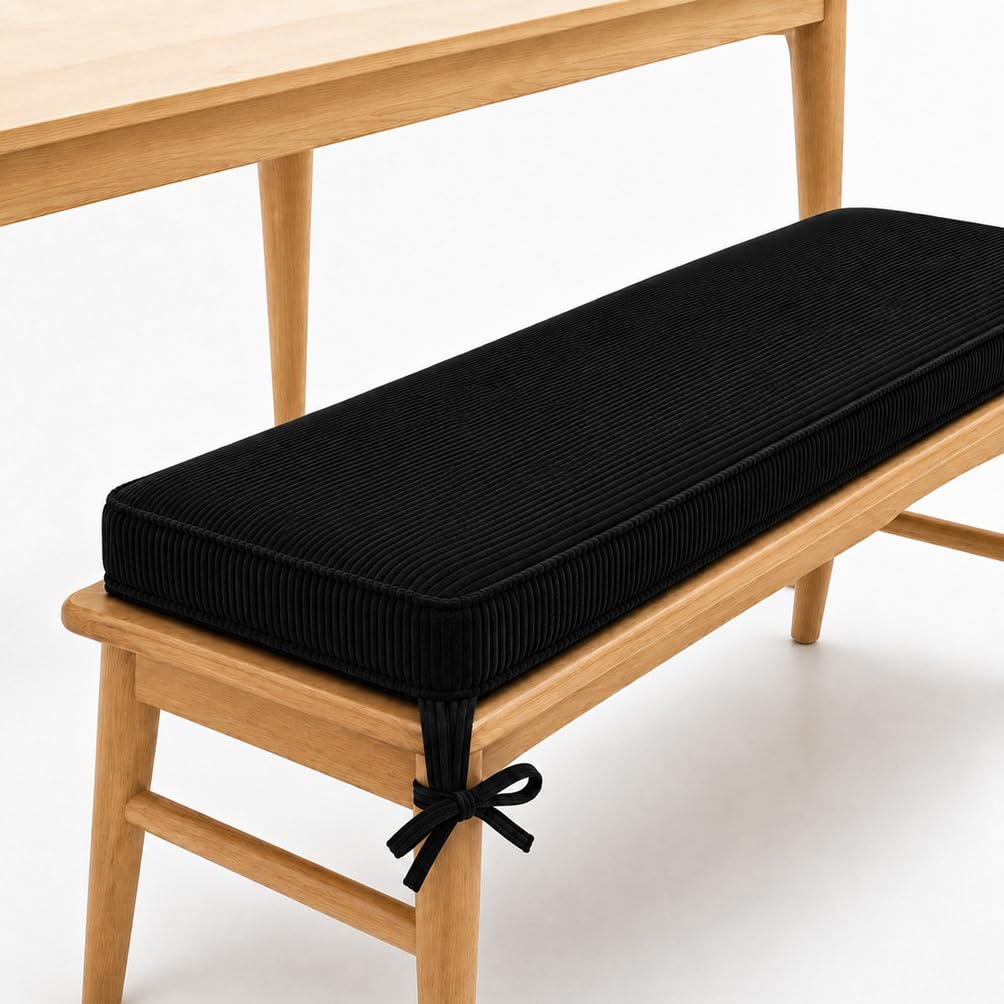 AEHO Bench Cushions in Corduroy,60x30x5cm, Bench Seat Cushion for Bay Window Seat Cushion Dining Sofa, Indoor Pad with Non Slip Bottom, 2 Ties, 5cm 50D Foam Core,Black