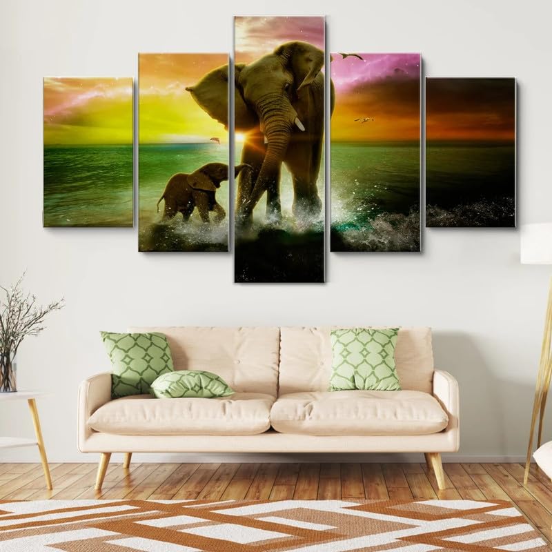 Tableau Multi Panneau 5 parties Tableau sur Toile,Éléphant jouant dans les vagues,tableau mural decoration salon moderne xxl,cadre,accroche cadre sans...